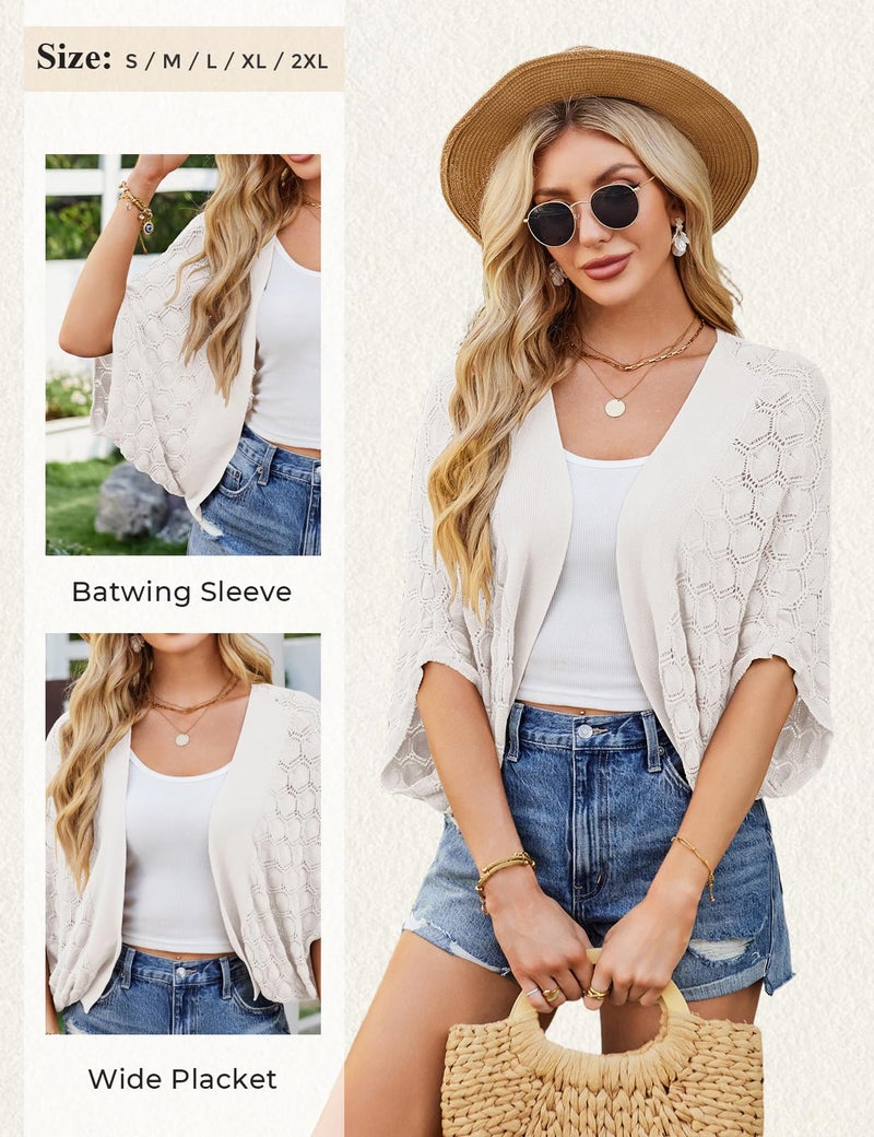 GRACE KARIN Women's 2024 Batwing Sleeve Crochet Open Front Summer Shrug Cardigan Ivory M - Image 5