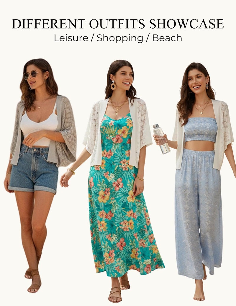 GRACE KARIN Women's 2024 Batwing Sleeve Crochet Open Front Summer Shrug Cardigan Ivory M - Image 4