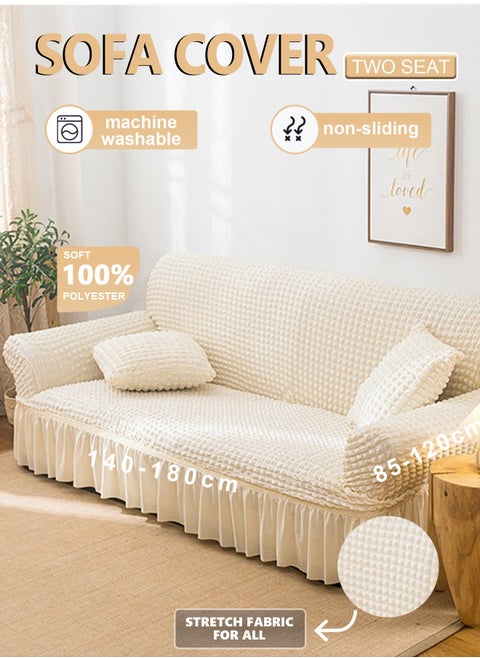 Sofa Slipcover One Piece Easy Fit Stretch Couch Cover with Skirt Durable Washable High Elastic Stretchable Universal Furniture Protector (Cream, 2 Seats)