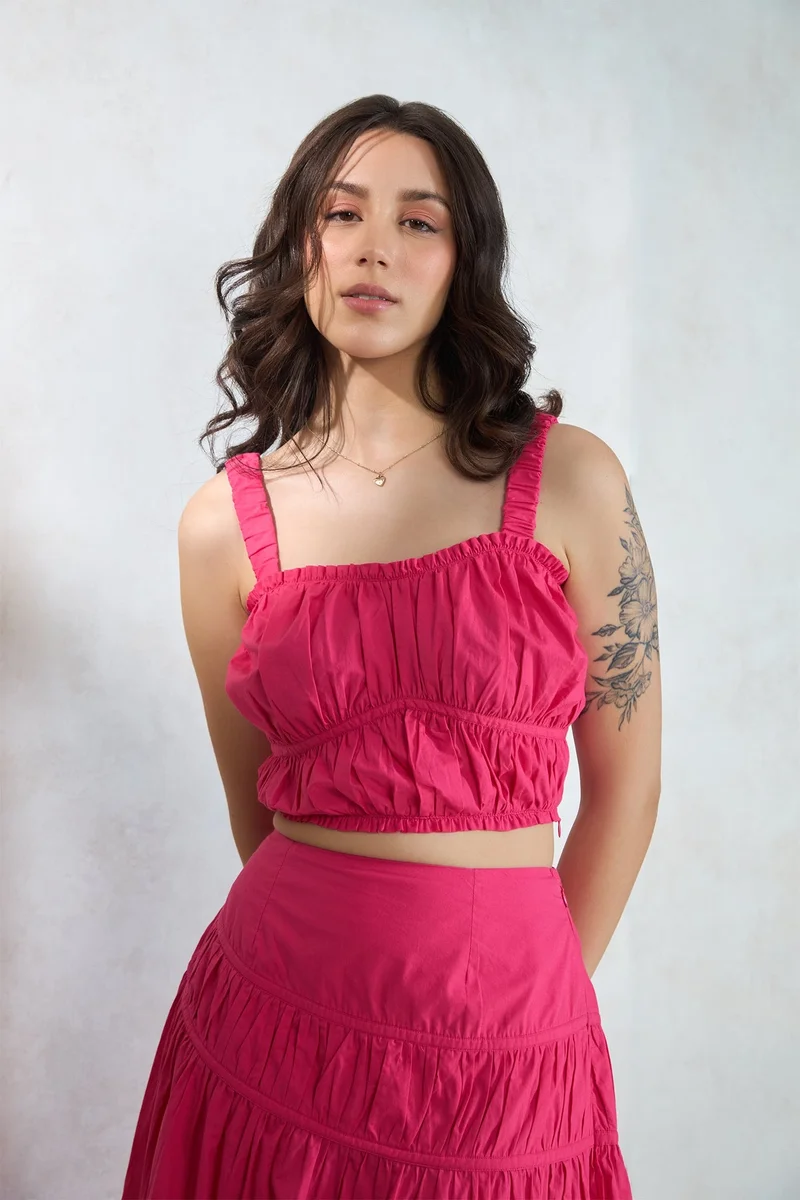 فيرجيو Solid Cotton Ruched Gathered Fit Crop Top for Women