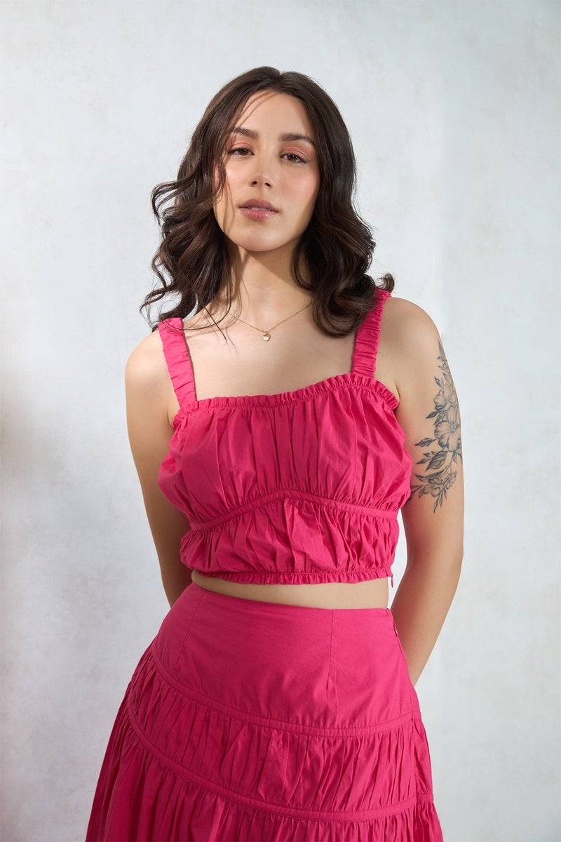 Virgio Solid Cotton Ruched Gathered Fit Crop Top for Women - Image 1