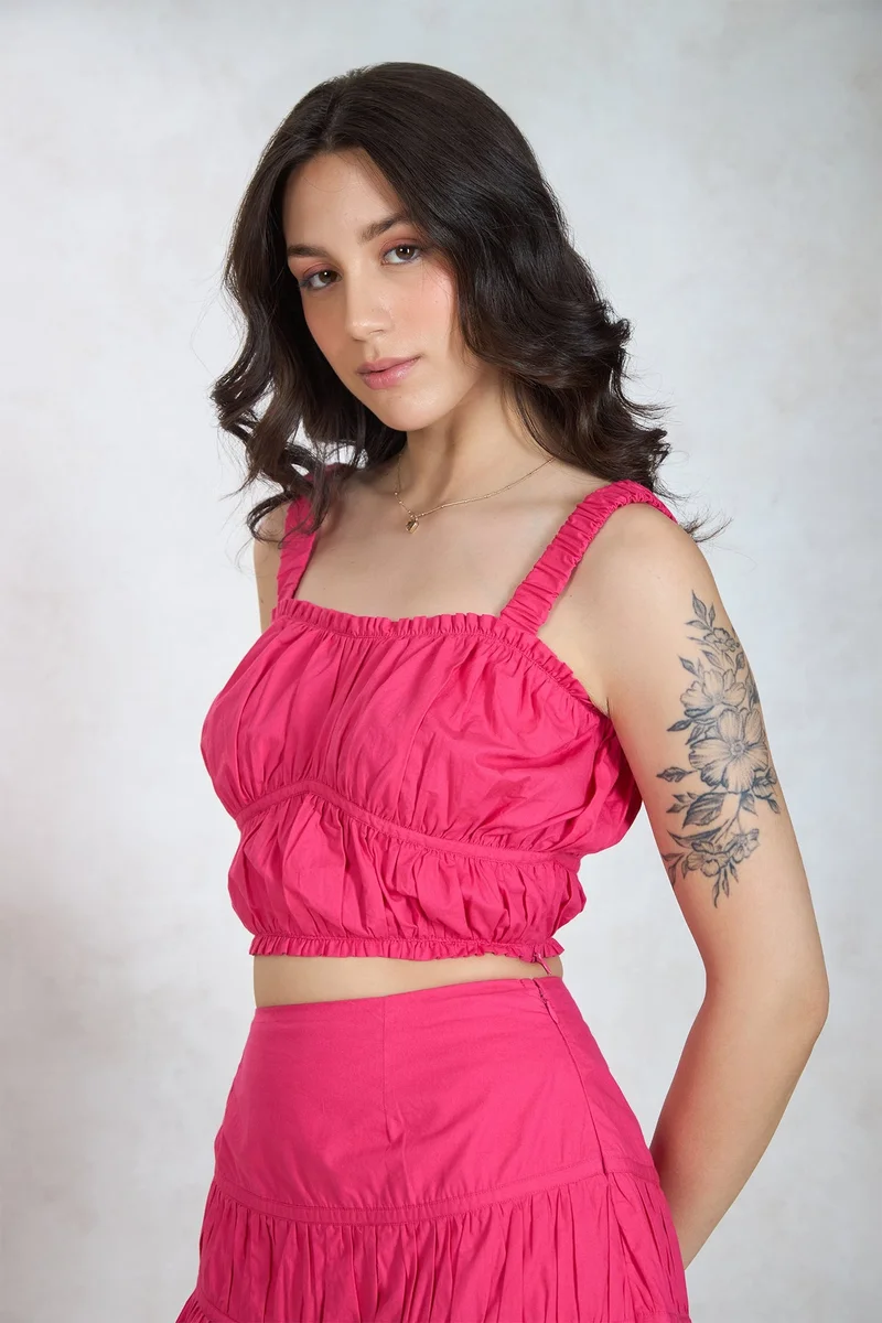 فيرجيو Solid Cotton Ruched Gathered Fit Crop Top for Women