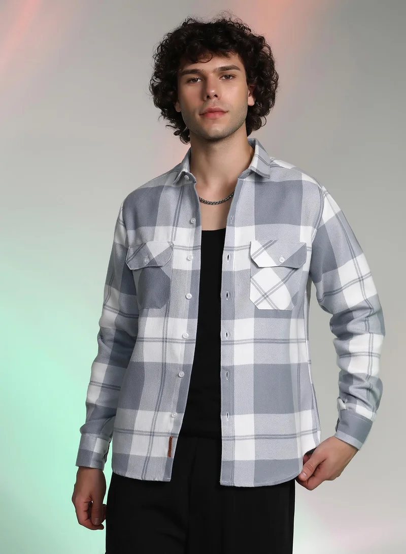 Campus Sutra Men's Coin Grey Tartan Utility Shirt
