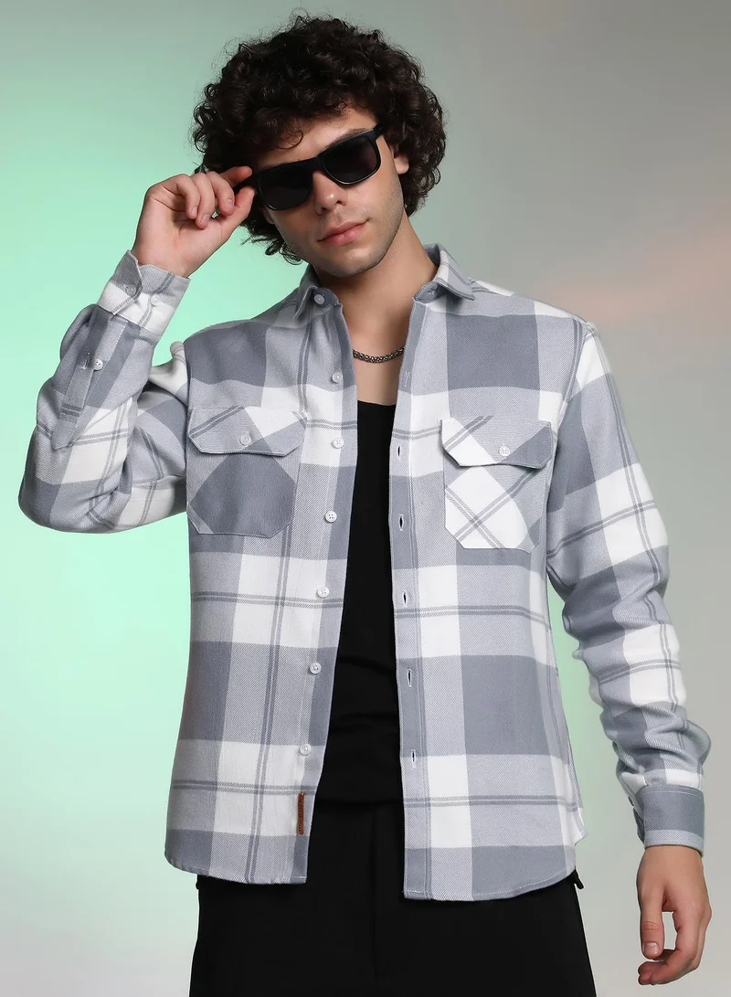 Campus Sutra Men's Coin Grey Tartan Utility Shirt