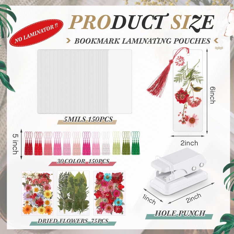 Fuyoooo 376 Pcs DIY Bookmark Making Kit, 150 Bookmark Laminating Pouches Bulk with 150 Tassels and Puncher DIY Projects Party Favor Gift for Reading Women Book Lovers(2 x 6 Inch,Rainbow Color) - Image 2