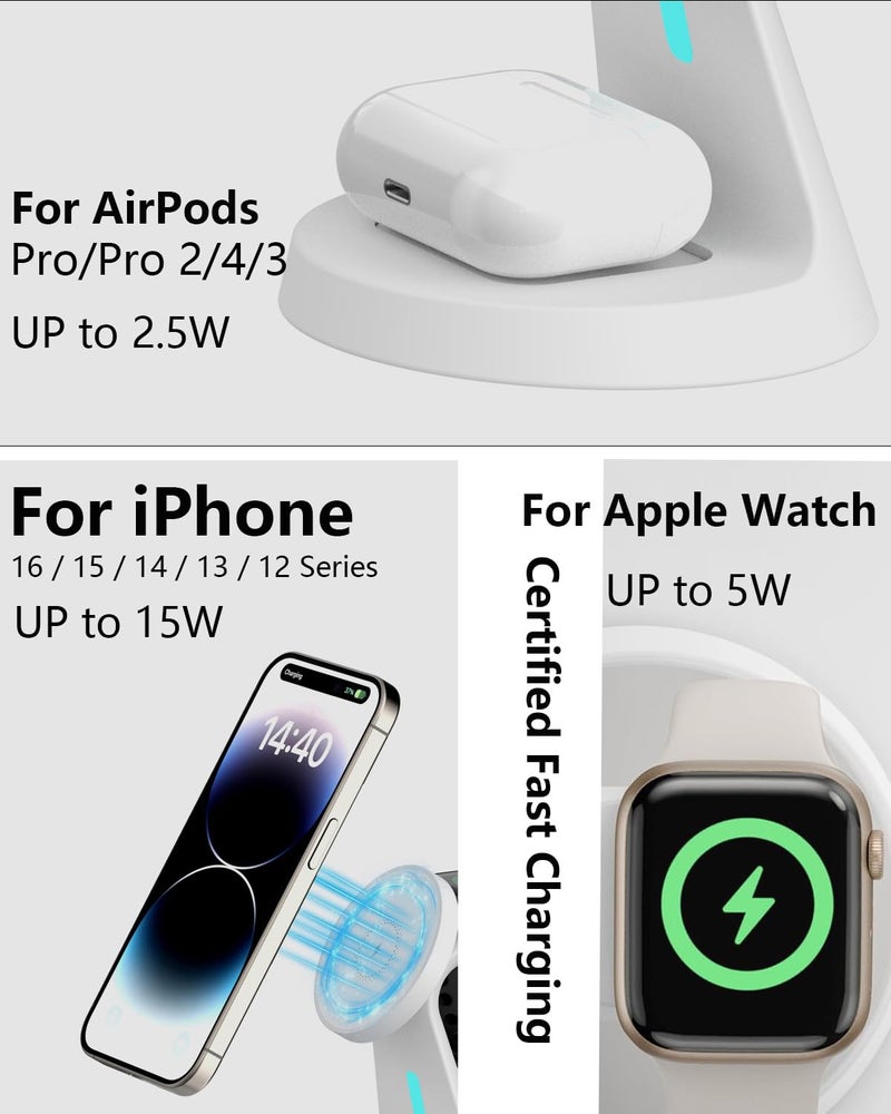 Utotrip Wireless Charger Compatible with Mag-Safe,3 in 1 Charging Station for iPhone17/16/15/14/13/12 Series, Apple Watch,AirPods,15W Fast Charging (Adapter Included) - Image 5