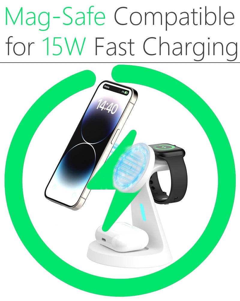 Utotrip Wireless Charger Compatible with Mag-Safe,3 in 1 Charging Station for iPhone17/16/15/14/13/12 Series, Apple Watch,AirPods,15W Fast Charging (Adapter Included) - Image 3