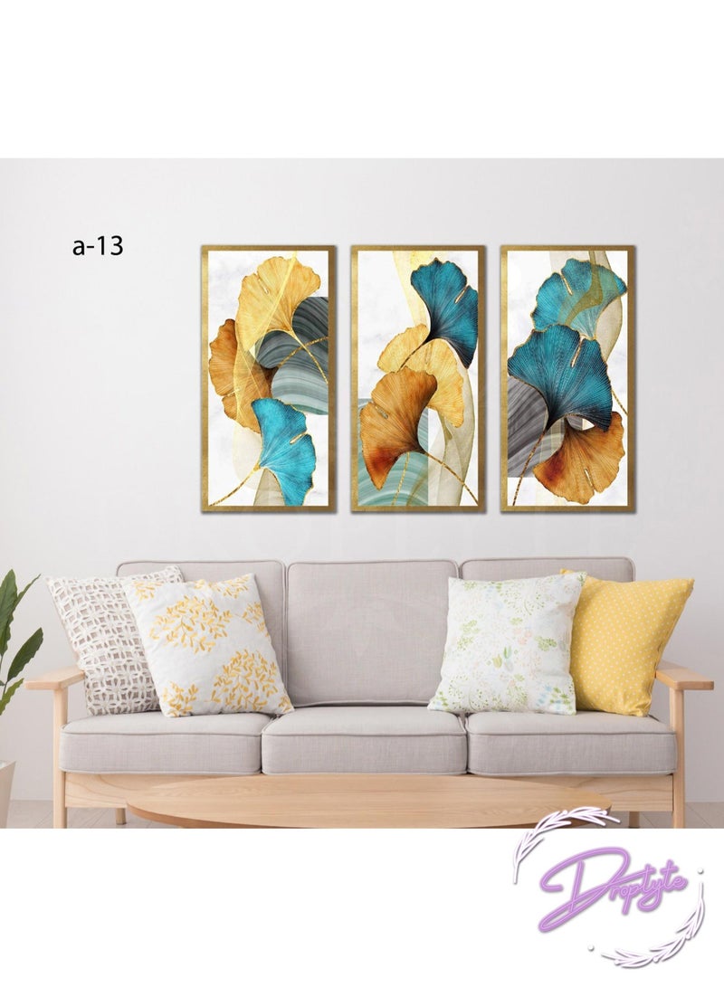 Droplyte 3 Piece Golden Abstract Leaves Decorative Wall Art Wall Decor Card Board MDF Home Decor for Living Room, Drawing Room, Office Room and Bedroom 120CM x 80CM  - Image 1