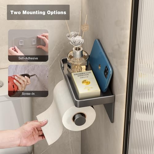 VOLDRA Toilet Paper Holder with Phone Shelf, Self-Adhesive or Screw Toilet Tissue Roll Holder Wall Mount, Rustproof & Multifunctional Bathroom Toilet Paper Holder Storage Dispenser(Gray) - Image 4