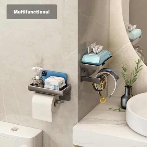 VOLDRA Toilet Paper Holder with Phone Shelf, Self-Adhesive or Screw Toilet Tissue Roll Holder Wall Mount, Rustproof & Multifunctional Bathroom Toilet Paper Holder Storage Dispenser(Gray) - Image 3