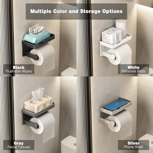VOLDRA Toilet Paper Holder with Phone Shelf, Self-Adhesive or Screw Toilet Tissue Roll Holder Wall Mount, Rustproof & Multifunctional Bathroom Toilet Paper Holder Storage Dispenser(Gray) - Image 5