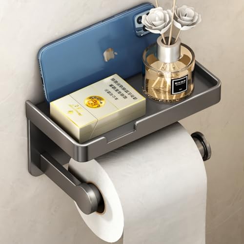 VOLDRA Toilet Paper Holder with Phone Shelf, Self-Adhesive or Screw Toilet Tissue Roll Holder Wall Mount, Rustproof & Multifunctional Bathroom Toilet Paper Holder Storage Dispenser(Gray) - Image 1