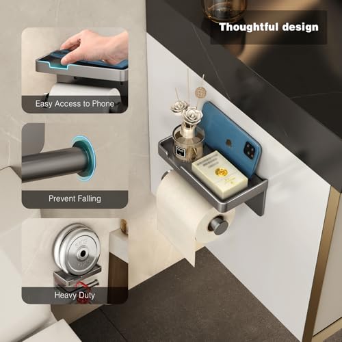 VOLDRA Toilet Paper Holder with Phone Shelf, Self-Adhesive or Screw Toilet Tissue Roll Holder Wall Mount, Rustproof & Multifunctional Bathroom Toilet Paper Holder Storage Dispenser(Gray) - Image 2