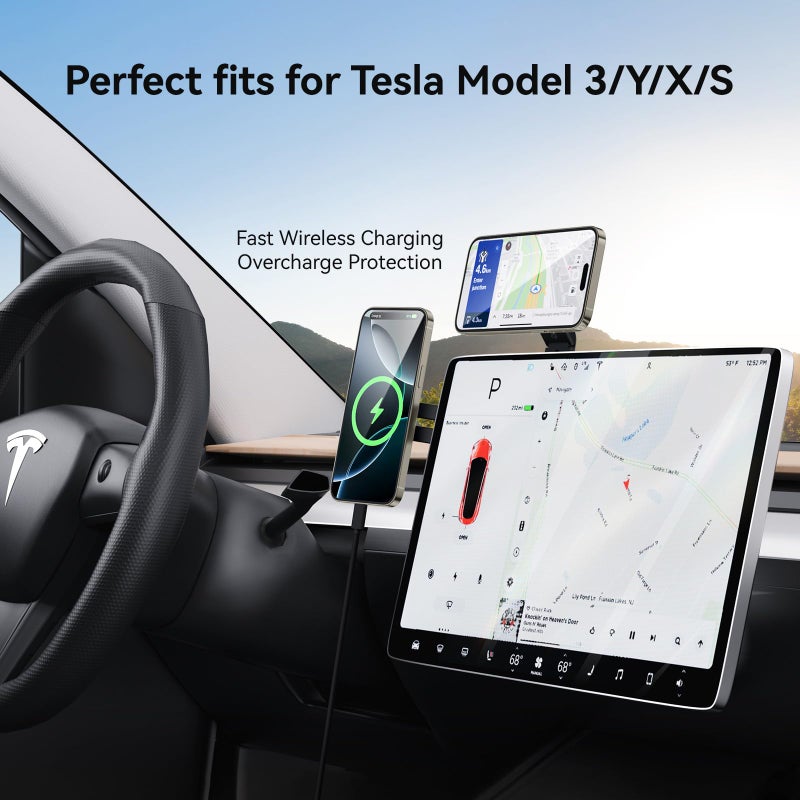 MAGDIGITEH Laptop Phone Holder, Magnetic Phone Stand 15W Fast Wireless Charger for MagSafe for iPhone 17/16/15/14/13/12 & All Phones for Tesla (Black) - Image 3