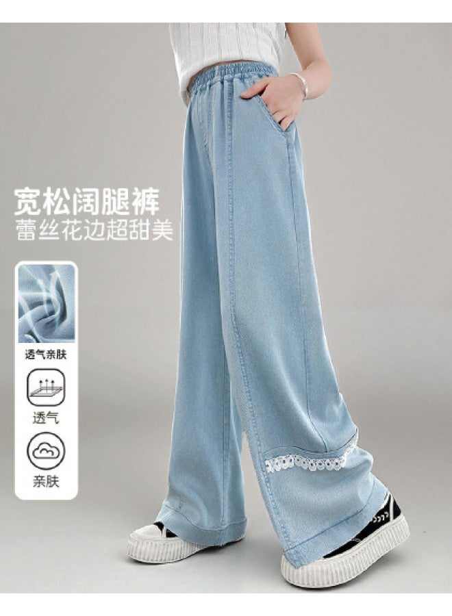 Bumblebee Girls' Pants 2025 New Summer Outfit Children's Mid-large Size Lace Trim Casual Trousers Lightweight Tencel Wide-leg Pants - Image 1