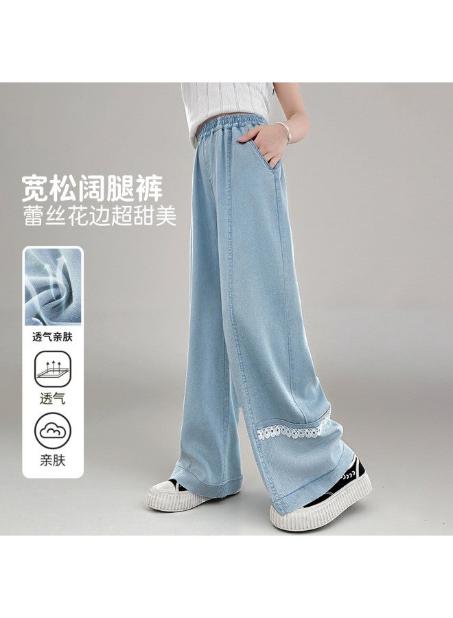 Bumblebee Girls' Pants 2025 New Summer Outfit Children's Mid-large Size Lace Trim Casual Trousers Lightweight Tencel Wide-leg Pants - Image 2