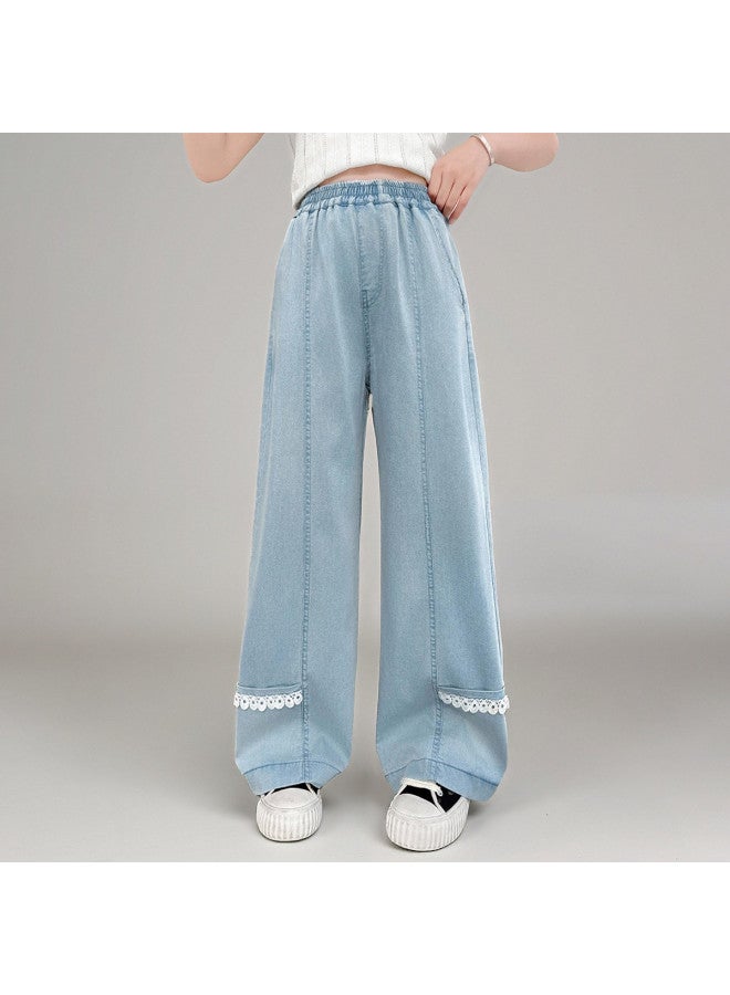 Bumblebee Girls' Pants 2025 New Summer Outfit Children's Mid-large Size Lace Trim Casual Trousers Lightweight Tencel Wide-leg Pants - Image 5