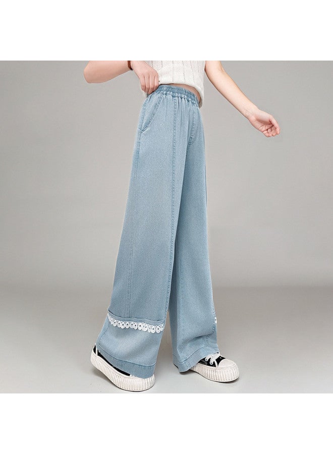 Bumblebee Girls' Pants 2025 New Summer Outfit Children's Mid-large Size Lace Trim Casual Trousers Lightweight Tencel Wide-leg Pants - Image 3