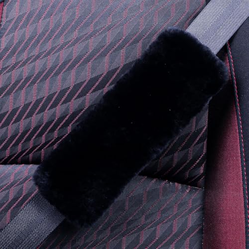AOGELAN 2 Pack Black Fluffy Fuzzy Genuine Sheepskin Car Seat Belt Cover Pad, Seatbelt Cushion for Soft Auto Lambswool Shoulder Strap Cushion Adults (2, Black) - Image 2