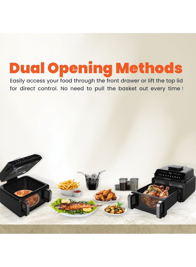 بورودو مقلاة هوائية فليكسي كوك برو سعة 10.5 لتر مع شواية داخلية وفرن بيتزا / طباخ متعدد الاستخدامات لجميع أنواع الطعام / 10 إعدادات مسبقة للطهي / وظيفة التأخير / مناسبة للشواء والخبز / القلي الهوائي - أسود - Image 2