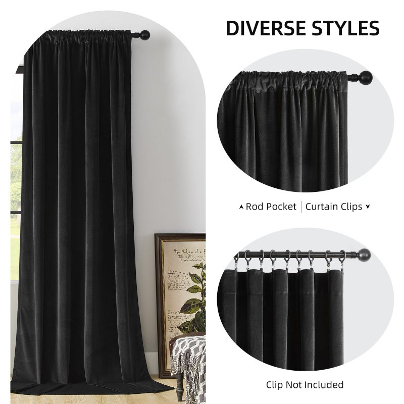 Joydeco Joydeco Velvet Curtains Extra Wide  Long Luxury Black Blackout Thermal Insulated Rod Pocket Window Curtains  Super Soft Room Darkening Drapes for Living Room Bedroom  W100 x L120 Inch  Black  - Image 2
