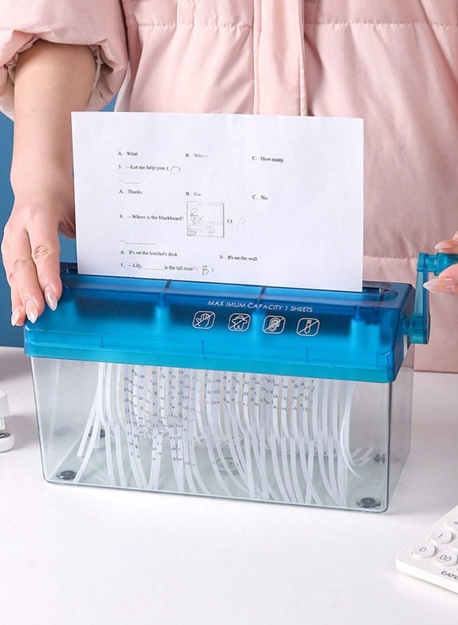 MAIDI 1-Pack Hand-Cranked Mini Paper Shredder, Manual Desktop Document Shredder, No Plug-In Needed, Transparent Waste Paper Storage Box, Ideal for A4 Paper/Bills/Receipts, Home & Office Privacy Protection Tool, Available in Blue & Black - Image 1