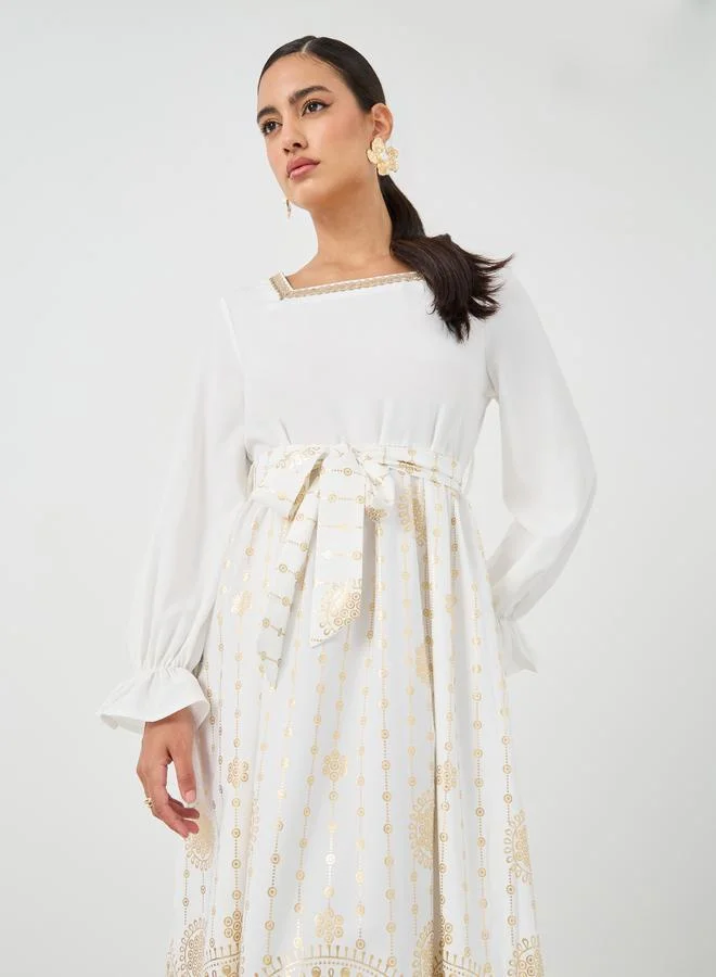 Take Two Take Two Floral Print Square Neck Tie Waist Midi Dress