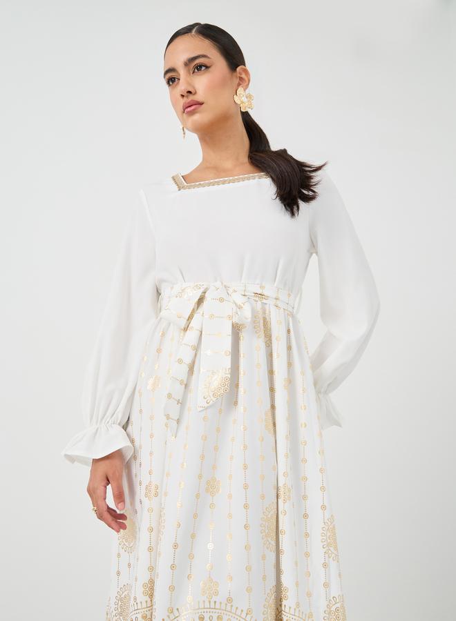 Take Two Floral Print Square Neck Tie Waist Midi Dress - Image 3