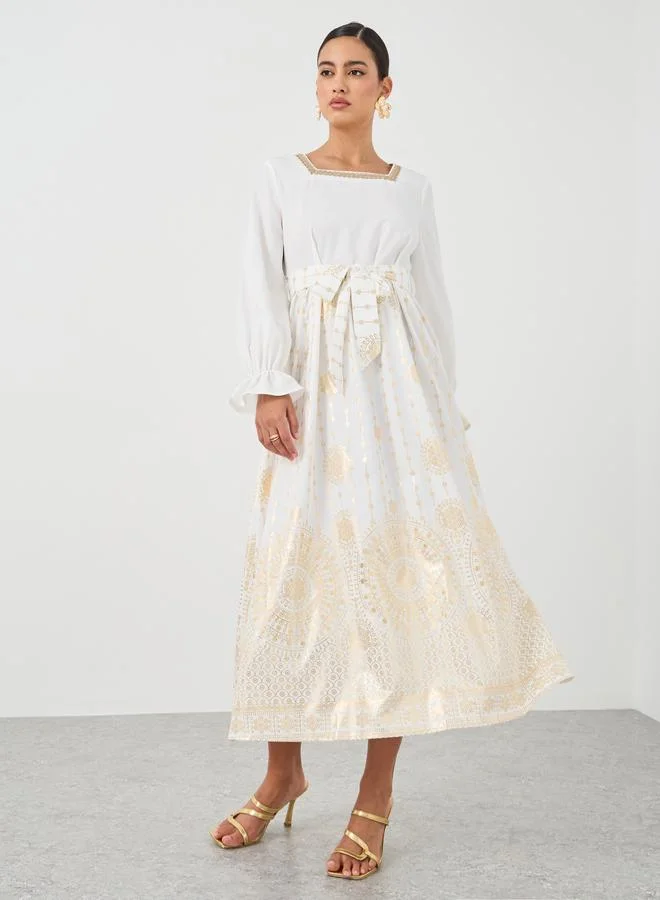 تايك تو Take Two Floral Print Square Neck Tie Waist Midi Dress