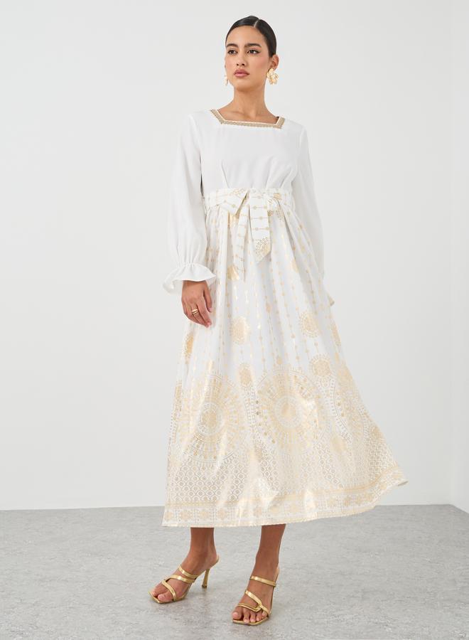 Take Two Floral Print Square Neck Tie Waist Midi Dress - Image 2