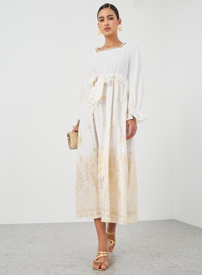 Take Two Floral Print Square Neck Tie Waist Midi Dress - Image 1