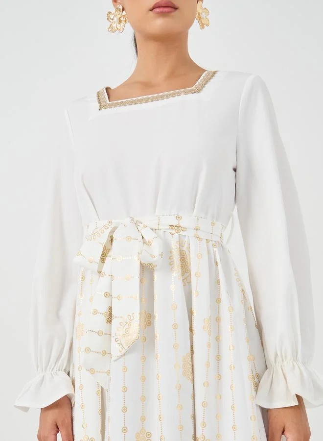 Take Two Take Two Floral Print Square Neck Tie Waist Midi Dress
