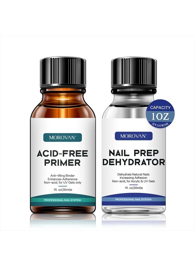 morovan Nail Primer And Natural Nail Prep Dehydrate Set, Nail Dehydrator and Primer, Fast Air Dry For Gel Polish & Acrylic Powder, Gel Nail Primer and Dehydrator 30ml / 1oz - Image 1