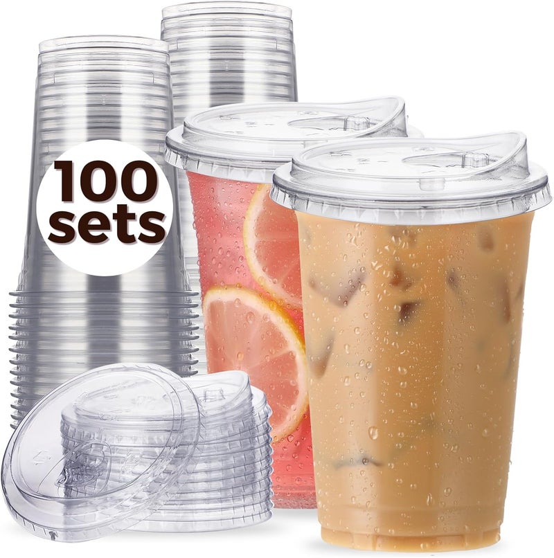 Aatriet 100 Pack 20 oz Clear Plastic Cups with Strawless-Sip-Lids, Disposable Cups Plastic Iced Coffee Cups, To Go Cups with Sip Through Lids for Smoothie, Milkshake, Cold Drinks for Party, Wedding, Event - Image 1