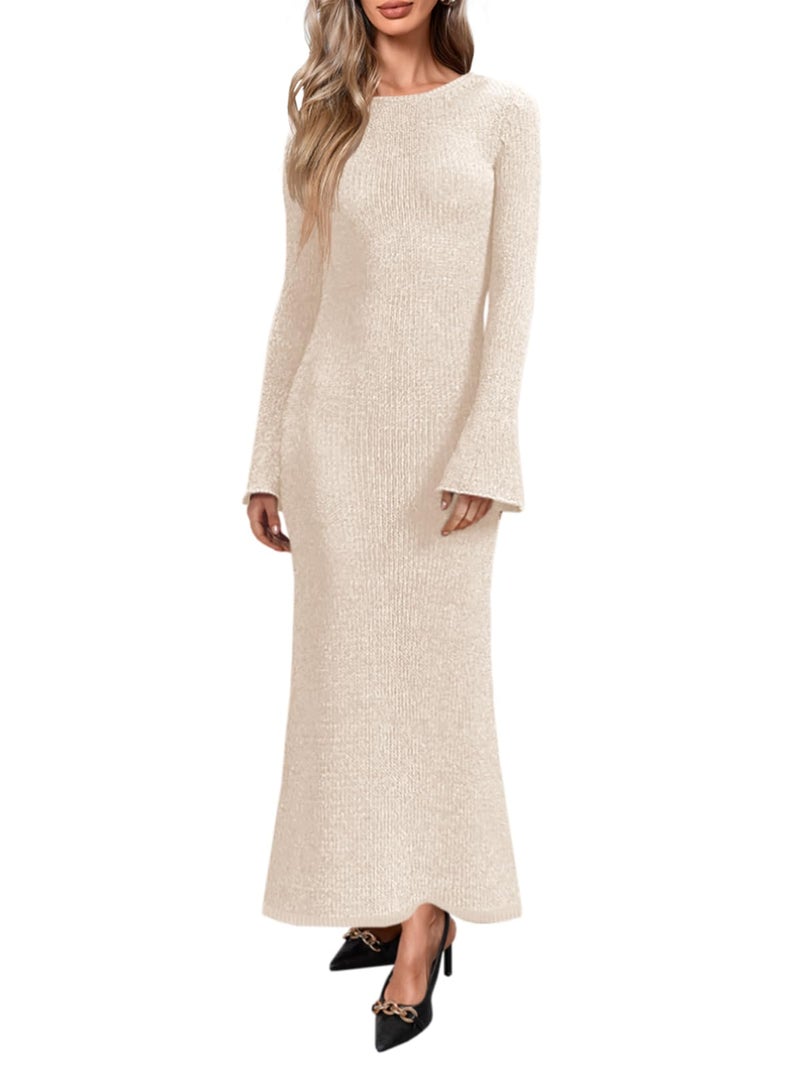 Yousify Womenâ€™s Knit Maxi Dress Long Sleeve Crewneck Slim Fit Casual Work Spring Dress Apricot - Image 1