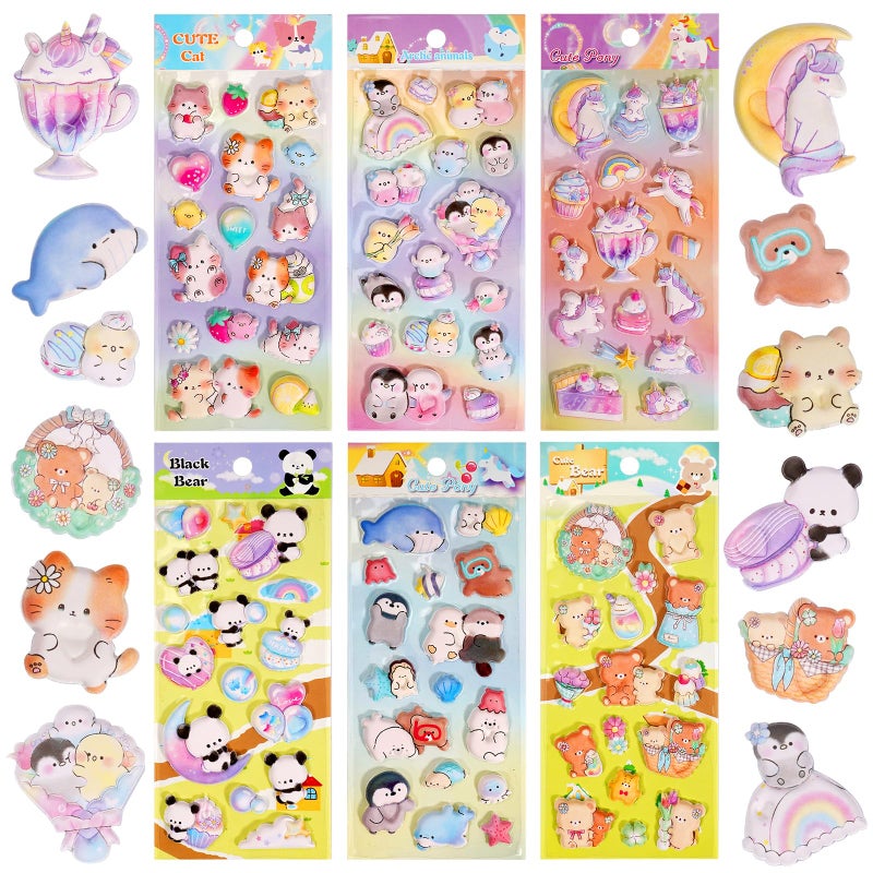 Jactales Cute Kawaii 3D Puffy Stickers For Kids & Girls - Thick Large & Small Puff Squishies Stickers For Adults - 6 Reusable Sheets Featuring Cat Bear & More Fun For Party Favors Phone Cases Rewards - Image 1