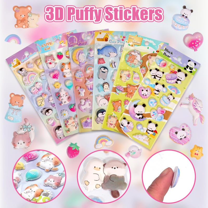 Jactales Cute Kawaii 3D Puffy Stickers For Kids & Girls - Thick Large & Small Puff Squishies Stickers For Adults - 6 Reusable Sheets Featuring Cat Bear & More Fun For Party Favors Phone Cases Rewards - Image 3