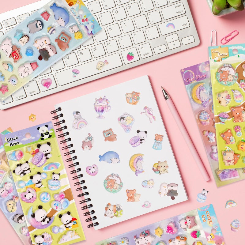 Jactales Cute Kawaii 3D Puffy Stickers For Kids & Girls - Thick Large & Small Puff Squishies Stickers For Adults - 6 Reusable Sheets Featuring Cat Bear & More Fun For Party Favors Phone Cases Rewards - Image 5