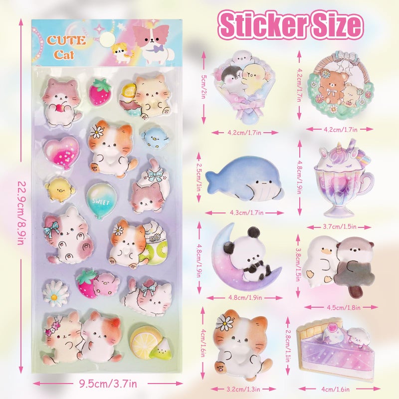 Jactales Cute Kawaii 3D Puffy Stickers For Kids & Girls - Thick Large & Small Puff Squishies Stickers For Adults - 6 Reusable Sheets Featuring Cat Bear & More Fun For Party Favors Phone Cases Rewards - Image 2