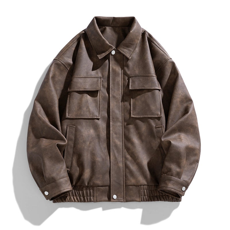 Pushuai Motorcycle Vintage Regular Leather Jacket Men'S And Women'S Joker Fashionable Loose Leather Work Jacket - Image 4