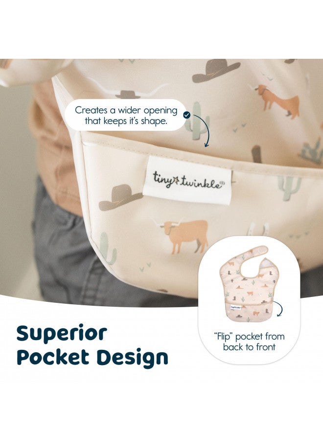 Tiny Twinkle Mess-Proof Baby Bib - Waterproof Bib for Baby Boy or Girl - Machine Washable - Adjustable Closure - PVC, BPA, & Phthalate Free - Great for Travel - Baby Food Bibs (3 Pack, Cowboy) - Image 4