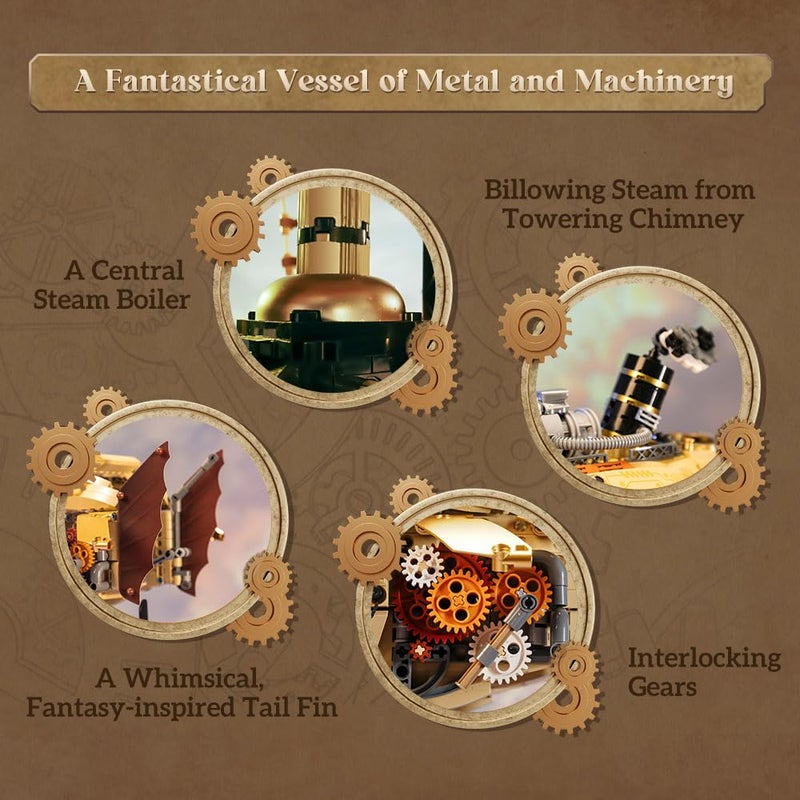 PANTASY Steampunk Airship Model Kit for Adults, Dual-Layer Zeppelin with Gear-Driven Mechanical System, DIY Building Blocks Set, Retro Sci-Fi Construction Toy for Collectors & Display - Image 3