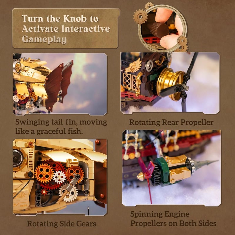 PANTASY Steampunk Airship Model Kit for Adults, Dual-Layer Zeppelin with Gear-Driven Mechanical System, DIY Building Blocks Set, Retro Sci-Fi Construction Toy for Collectors & Display - Image 4