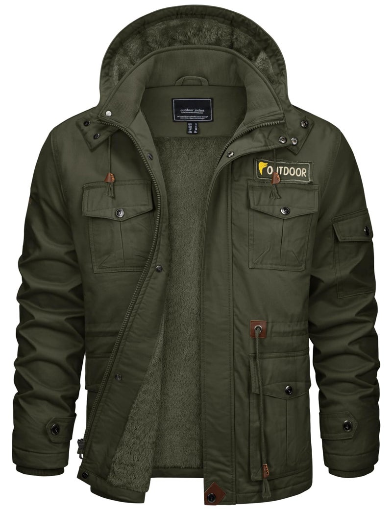 CRYSULLY Men's Winter Jacket Cotton Military Jackets Fleece Lined Thick Warm Cargo Coats Multi-Pocket Outwear with Hooded Army Green S - Image 1