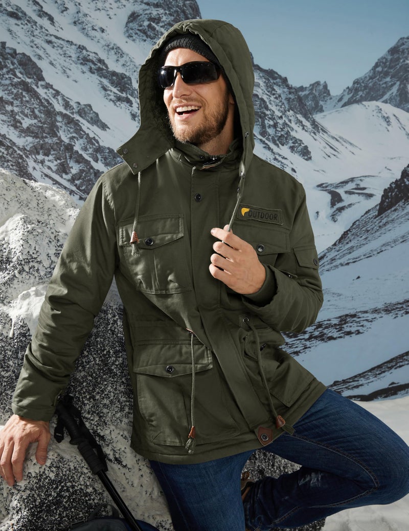 CRYSULLY Men's Winter Jacket Cotton Military Jackets Fleece Lined Thick Warm Cargo Coats Multi-Pocket Outwear with Hooded Army Green S - Image 3