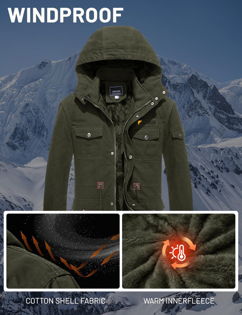 CRYSULLY Men's Winter Jacket Cotton Military Jackets Fleece Lined Thick Warm Cargo Coats Multi-Pocket Outwear with Hooded Army Green S - Image 4