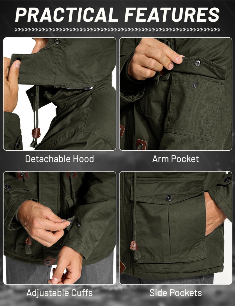 CRYSULLY Men's Winter Jacket Cotton Military Jackets Fleece Lined Thick Warm Cargo Coats Multi-Pocket Outwear with Hooded Army Green S - Image 5