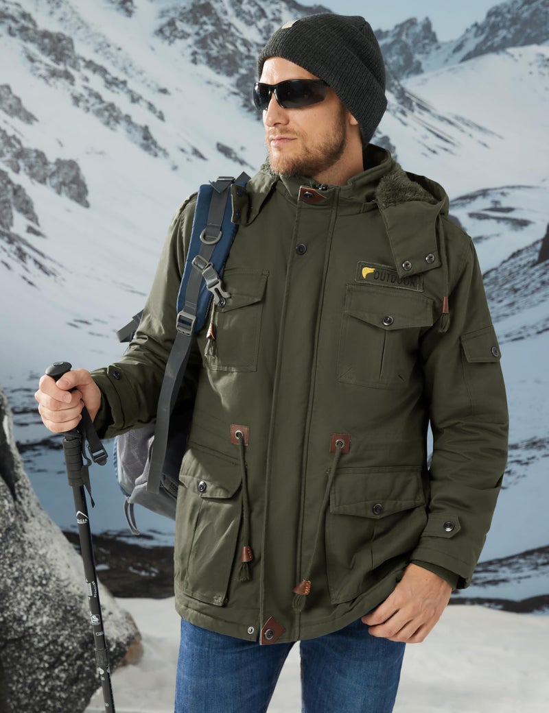 CRYSULLY Men's Winter Jacket Cotton Military Jackets Fleece Lined Thick Warm Cargo Coats Multi-Pocket Outwear with Hooded Army Green S - Image 2