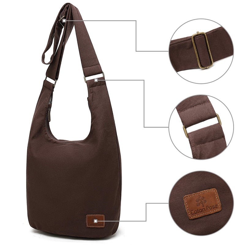 Coton Pose Hippie Crossbody Bag Top Zip Large Cotton Sling Bag Jacquard cloth Handmade Bags (Brown) - Image 3