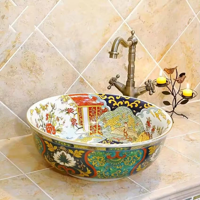 B Backline Ceramic Mexican Wash Basin | Tabletop Ceramic Bathroom Sink | Art Basin | Wash Basin For Bathroom 42 X 42 X 14 Cm - Image 1